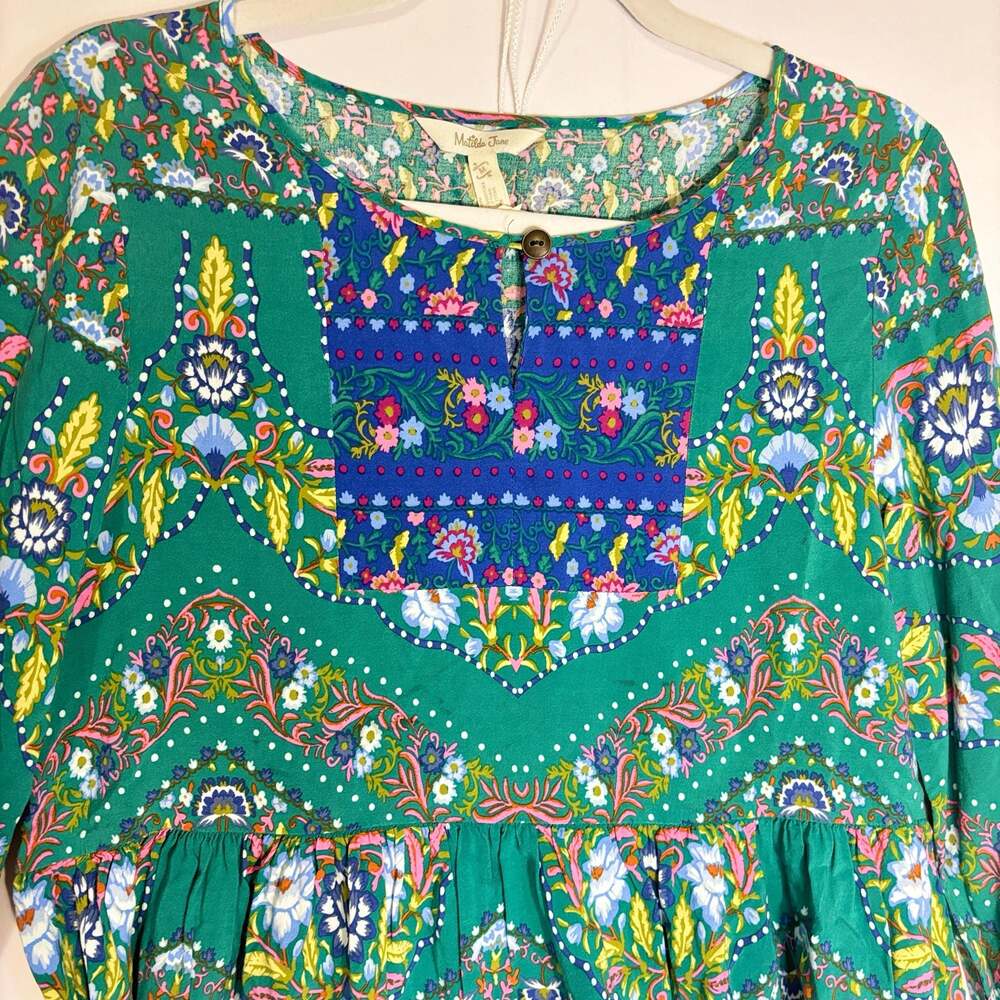 Matilda Jane Evergreen Babydoll Top Women M Green Floral Long Sleeve Pleated Blo - Picture 3 of 5